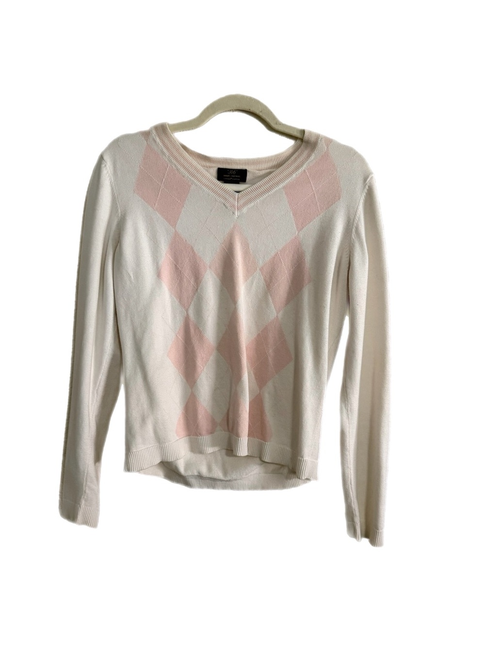 Brooks Brothers Cream V-Neck Sweater with Pink Argyle Size L